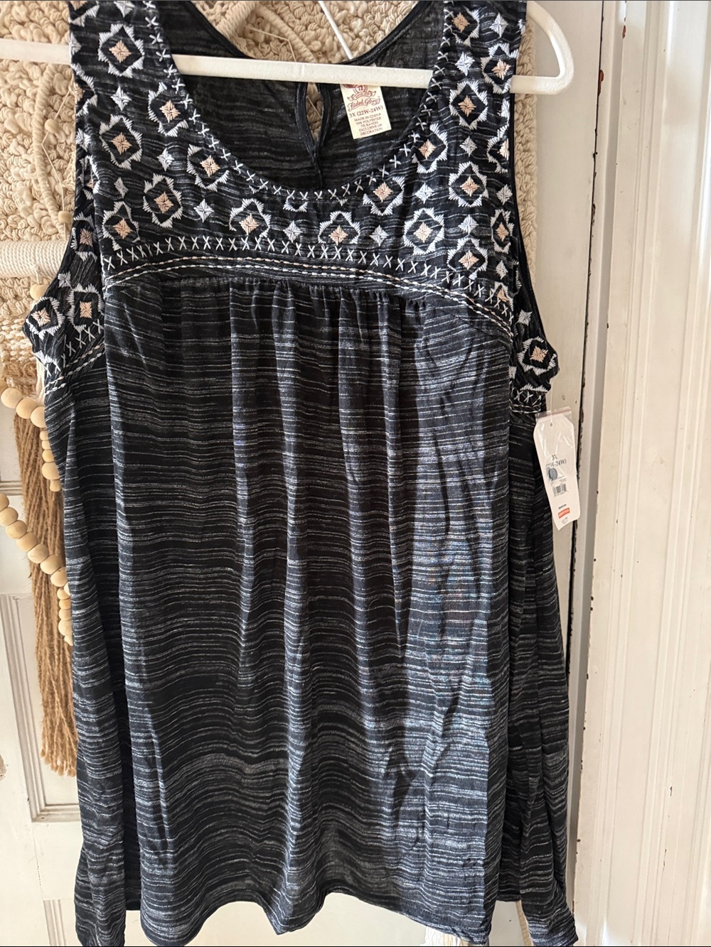 Faded Glory Black Striped Embroidered Yoke Tank Top 3x
